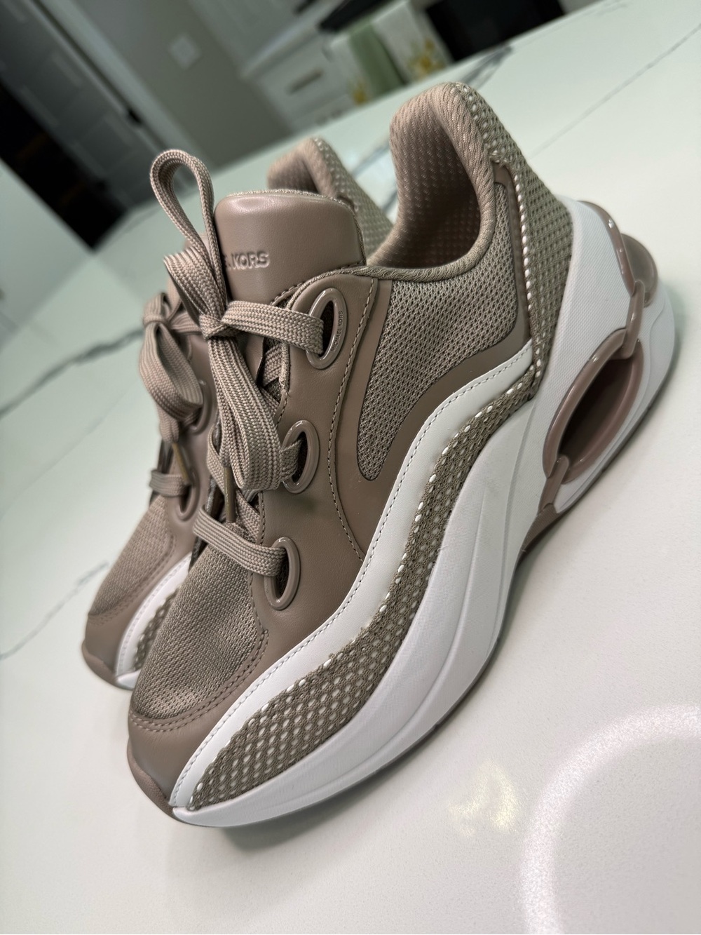 MICHAEL KORS Women's Toni Mixed-Media Trainer Sneakers Birch Taupe Size 8.5M